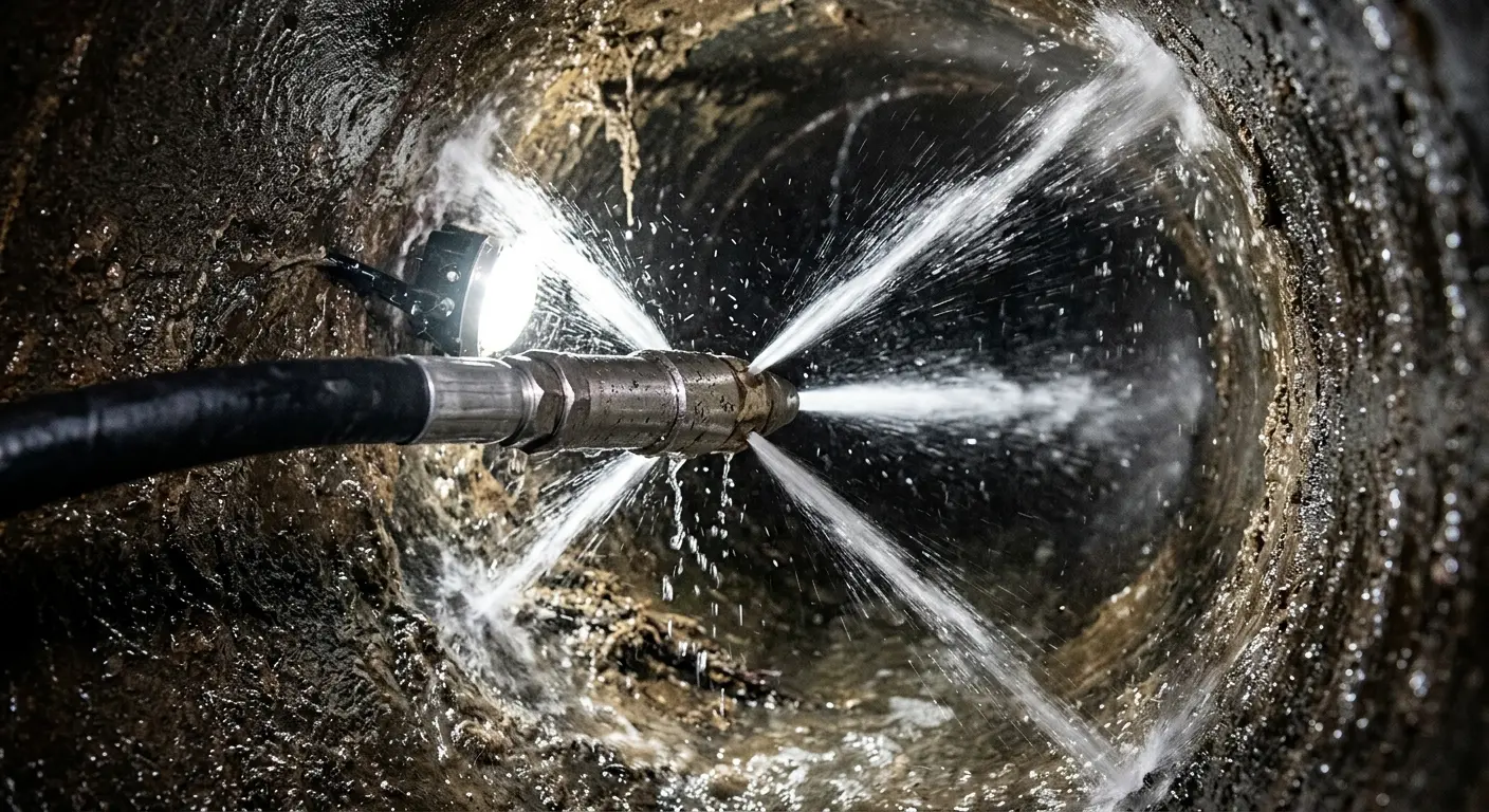 High-pressure hydro jetting nozzle cleaning sewer pipe for Sewer Cleanout in Plainfield