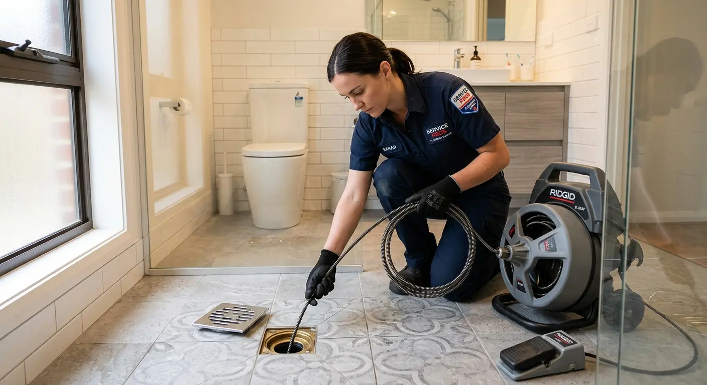 Technician clearing a bathroom floor drain for Sewer Line Installation in Plainfield